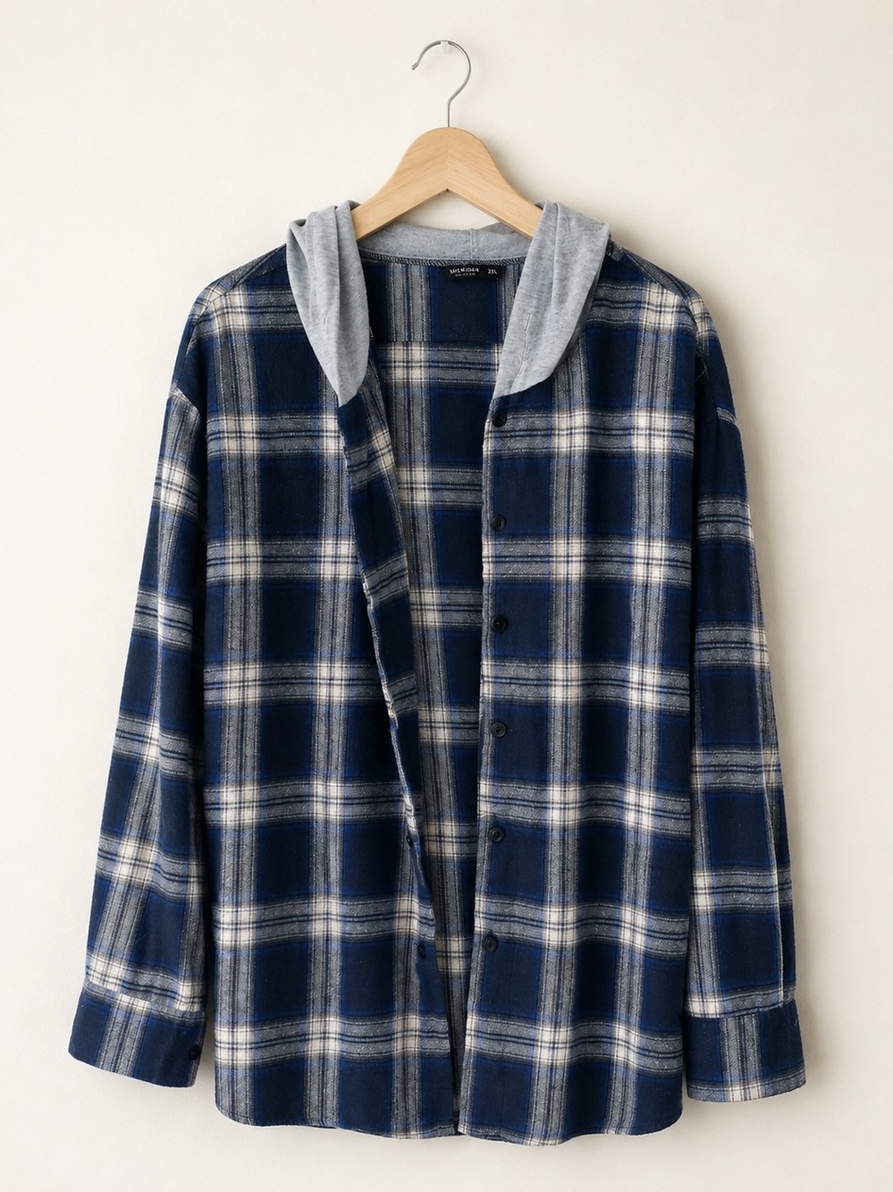 SHEIN Curve 2XL Navy Plaid Hooded Shacket Plus Size Button Front Overshirt